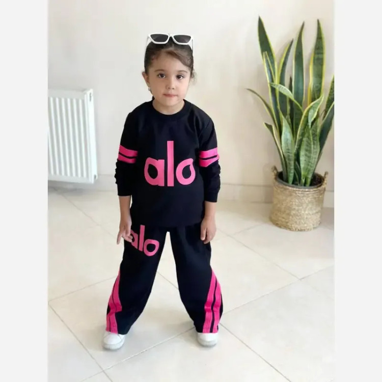 ست پاییزه دخترانه بلوز و شلوار بگ دورس دو نخ اعلا رنگ مشکی خرج کار سرخابی