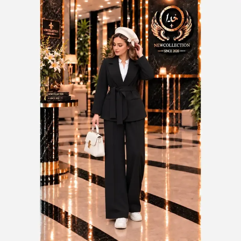 کت و شلوار زنانه جنس سوپرمازراتی اعلا مدل ملکه رنگ مشکی و کرم خاص سایز 38 تا 46 فری
