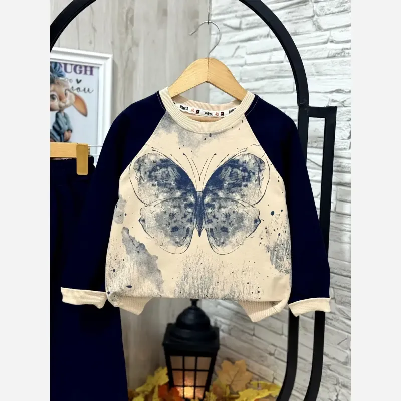 ست بلوز شلوار بگ دخترانه طرح پروانه دورس دو نخ گرم بالا